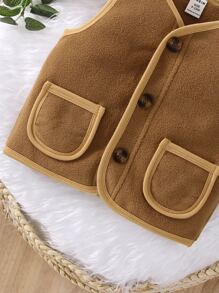 Baby Contrast Binding Dual Pocket Fleece Vest Jacket - Camel - View 3