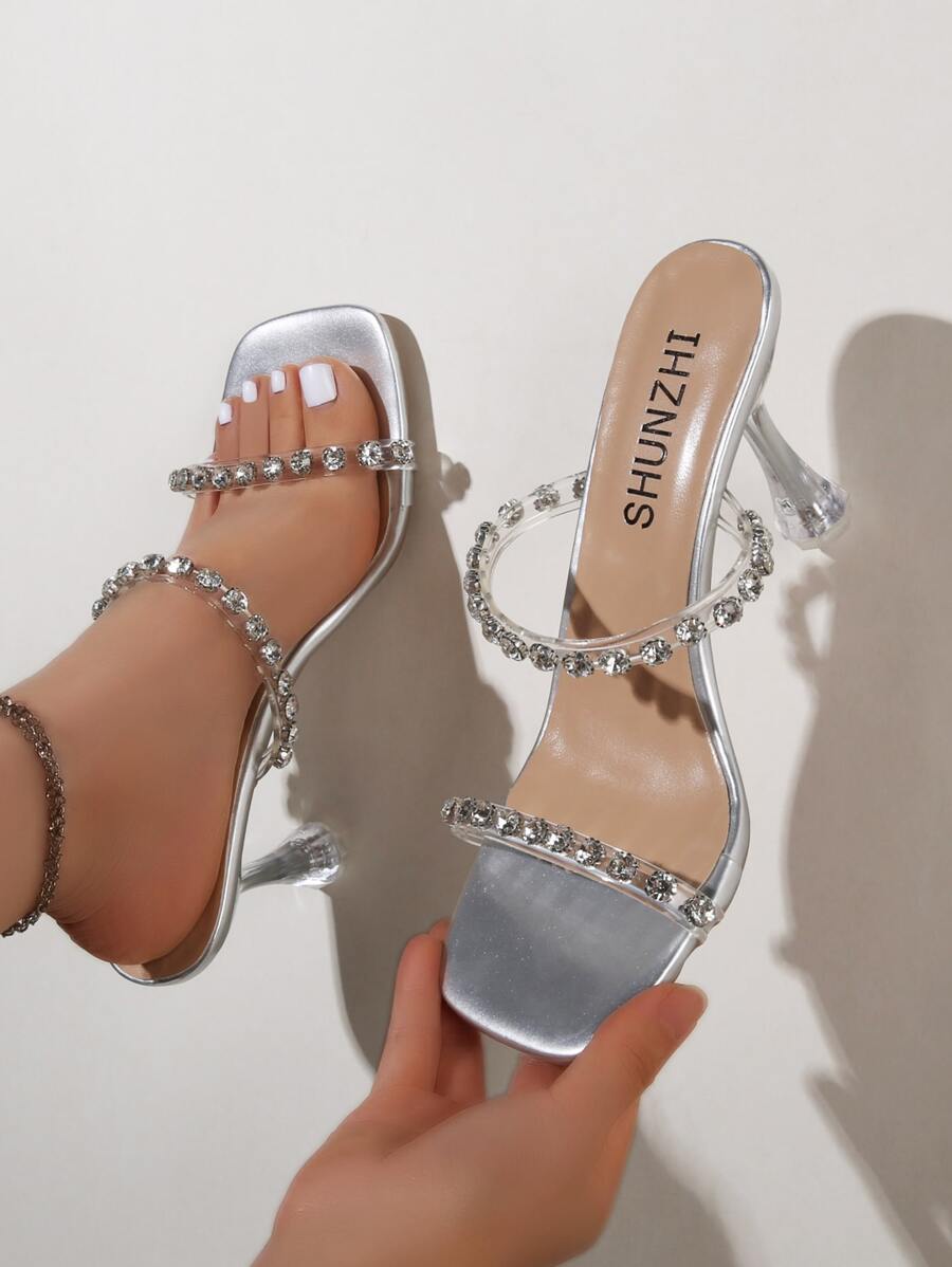Rhinestone Decor Clear Strap Mule Sandals Valentines - Silver - View 1