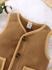 Baby Contrast Binding Dual Pocket Fleece Vest Jacket - Camel - View 5