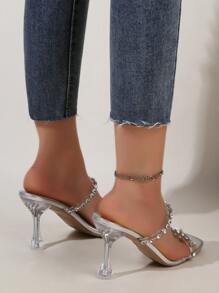 Rhinestone Decor Clear Strap Mule Sandals Valentines - Silver - View 2
