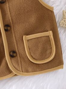 Baby Contrast Binding Dual Pocket Fleece Vest Jacket - Camel - View 6
