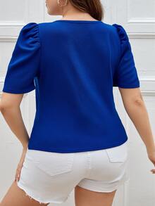 SHEIN Privé Áo thun Plus size Nút màu trơn Thanh lịch - Xanh đậm - Xem 2
