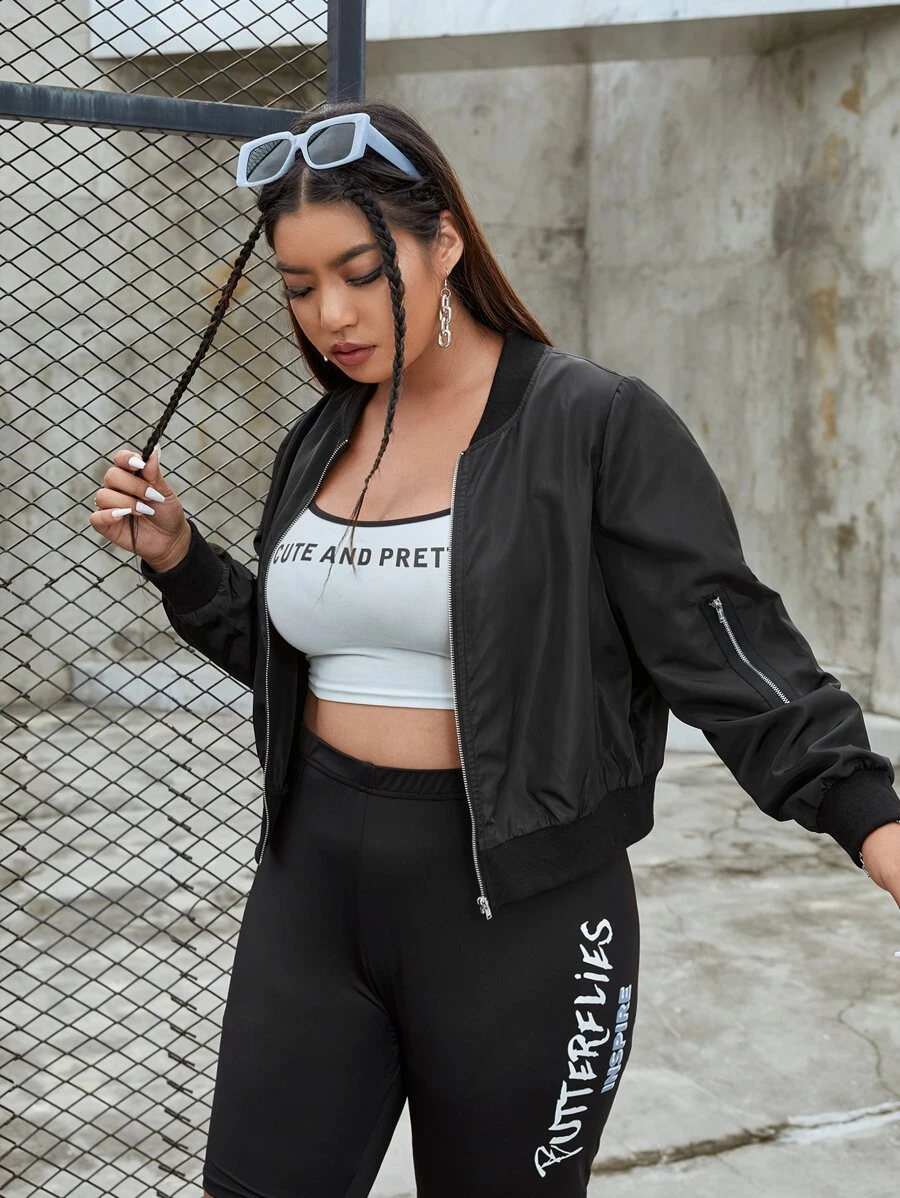 SHEIN EZwear Plus Zip Detail Bomber Jacket Winter Fall Autumn - Black - View 1