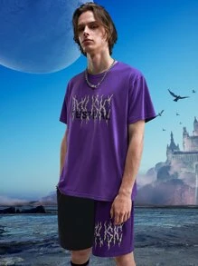 ROMWE MEN Goth Hombres Shorts con camiseta con estampado de letra - Morado - Ver 1