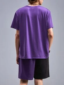 ROMWE MEN Goth Hombres Shorts con camiseta con estampado de letra - Morado - Ver 2