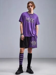 ROMWE MEN Goth Hombres Shorts con camiseta con estampado de letra - Morado - Ver 3
