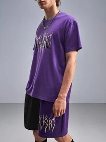 ROMWE MEN Goth Hombres Shorts con camiseta con estampado de letra - Morado - Ver 4