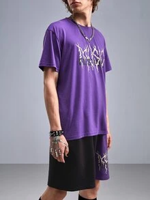 ROMWE MEN Goth Hombres Shorts con camiseta con estampado de letra - Morado - Ver 6