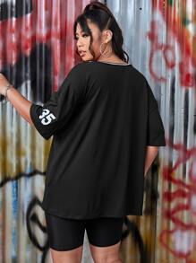 SHEIN EZwear Plus Striped & Letter Graphic Drop Shoulder Tee