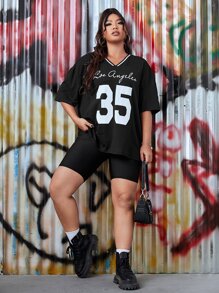 SHEIN EZwear Plus Striped & Letter Graphic Drop Shoulder Tee