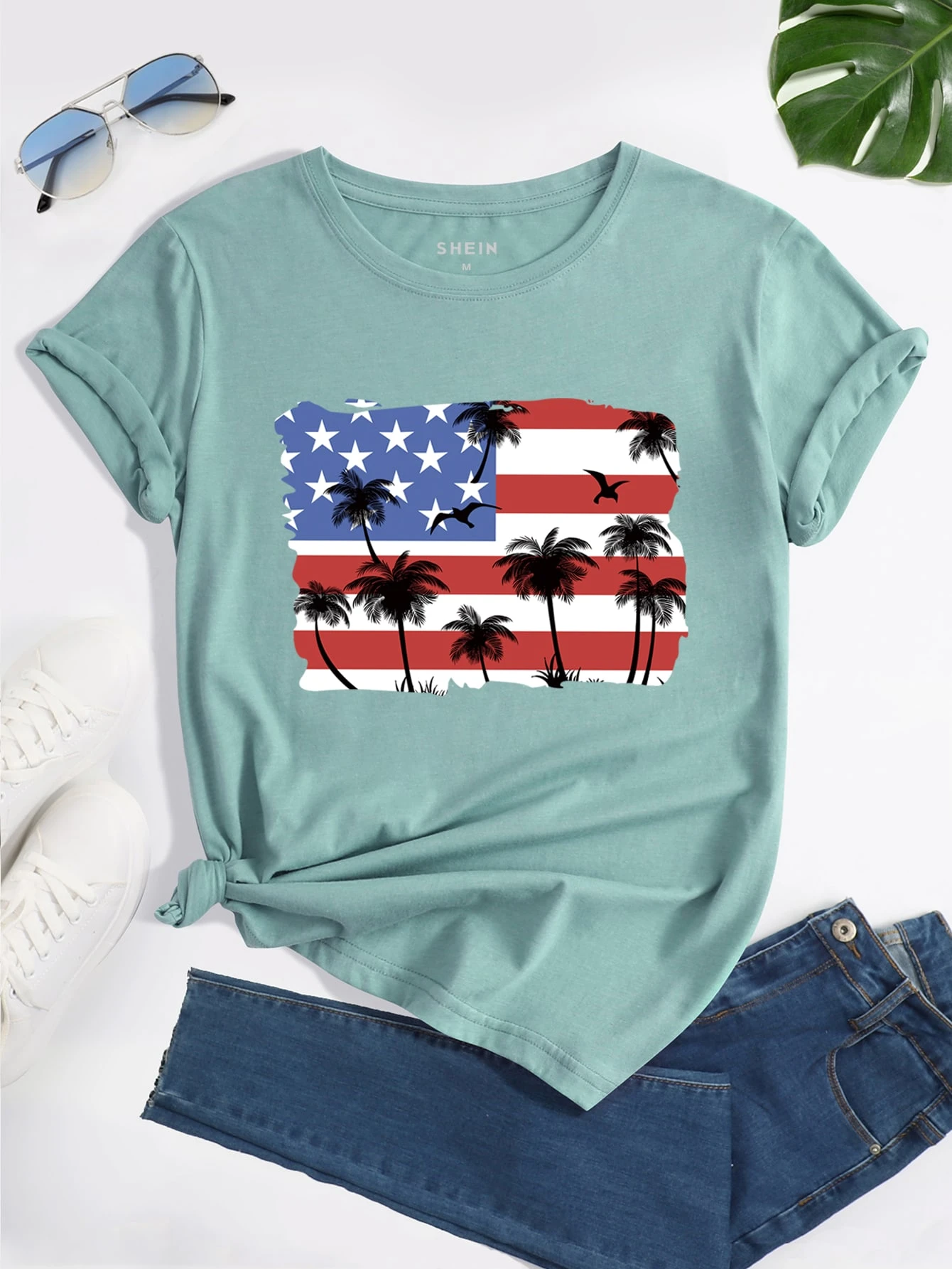 ヤシの木 アメリカ国旗プリント ティー Shein Japan