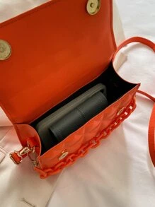 迷你衍縫鏈條裝飾翻蓋方包 - 橘色 - 查看 5