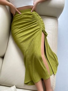 Chiquease 側抽繩高衩魚尾短裙 - 綠色 - 查看 1