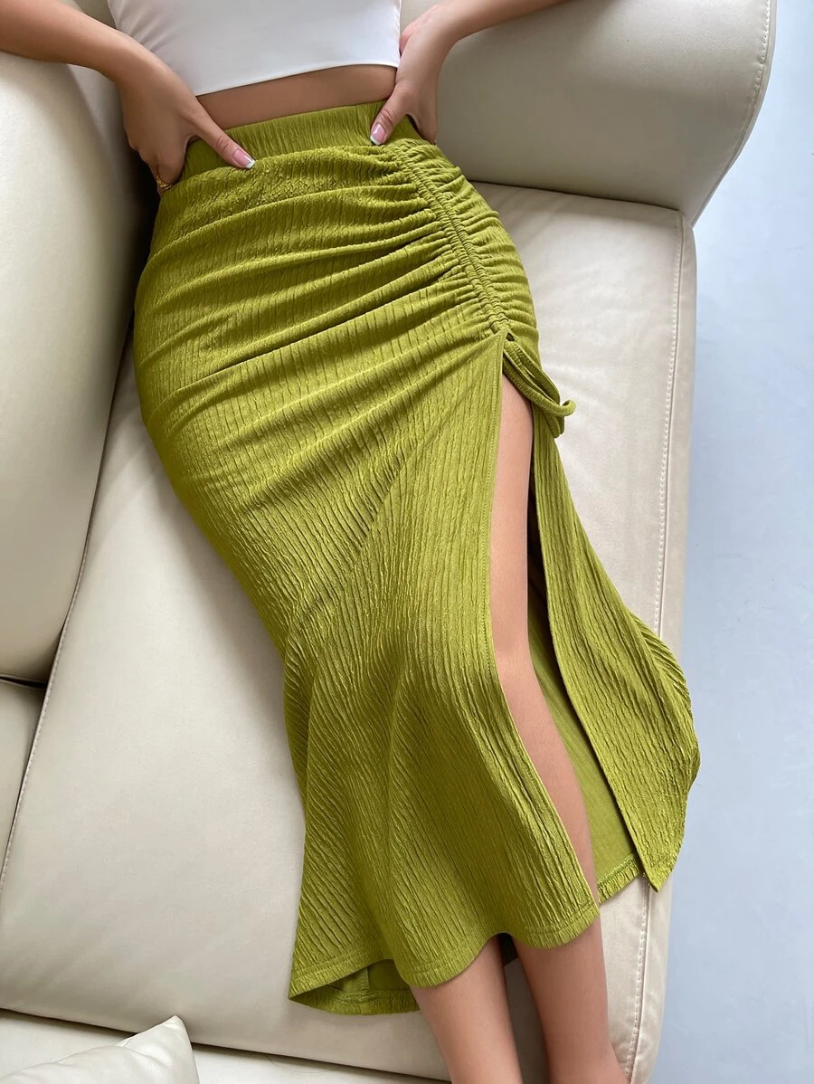 Chiquease 側抽繩高衩魚尾短裙 - 綠色 - 查看 1