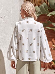Modelyn Floral Print Frill Trim Button Front Blouse - White - View 3