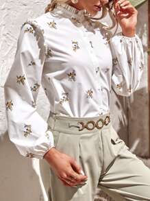 Modelyn Floral Print Frill Trim Button Front Blouse - White - View 1