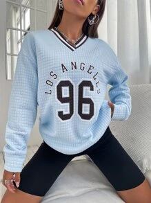 SHEIN Unity Áo nỉ Số Và Đồ họa Chữ cái Thả vai Textured - Màu xanh nhạt - Xem 2