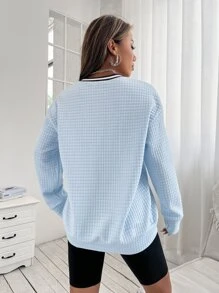 SHEIN Unity Áo nỉ Số Và Đồ họa Chữ cái Thả vai Textured - Màu xanh nhạt - Xem 3