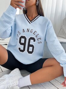 SHEIN Unity Áo nỉ Số Và Đồ họa Chữ cái Thả vai Textured - Màu xanh nhạt - Xem 1