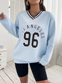 SHEIN Unity Áo nỉ Số Và Đồ họa Chữ cái Thả vai Textured - Màu xanh nhạt - Xem 4