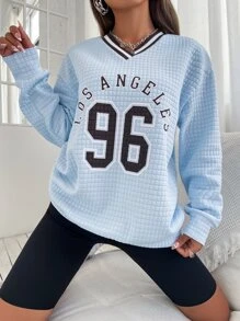 SHEIN Unity Áo nỉ Số Và Đồ họa Chữ cái Thả vai Textured - Màu xanh nhạt - Xem 5