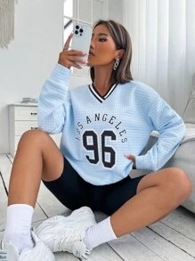 SHEIN Unity Áo nỉ Số Và Đồ họa Chữ cái Thả vai Textured - Màu xanh nhạt - Xem 6