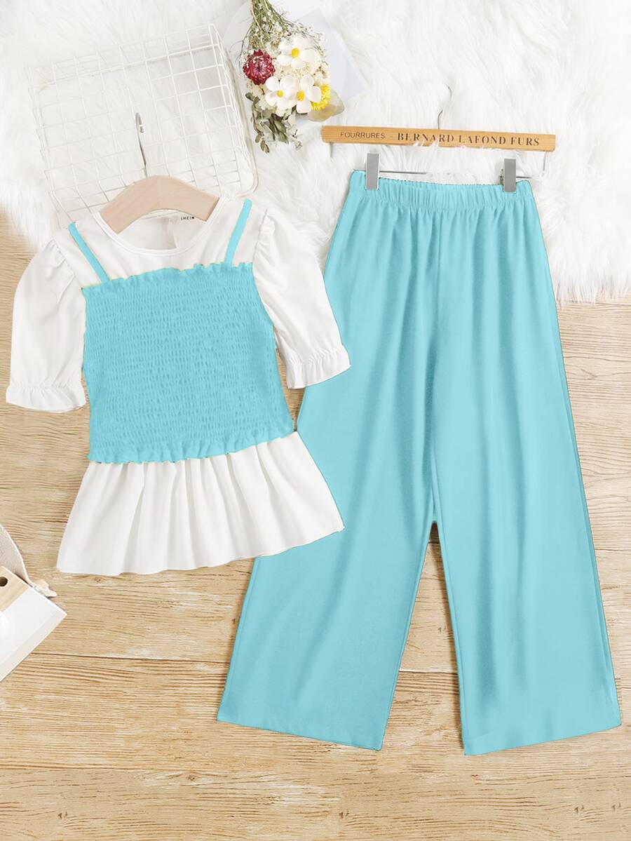 SHEIN 女孩打褶泡泡袖假兩件上衣和闊腿褲 - 薄荷藍 - 查看 1