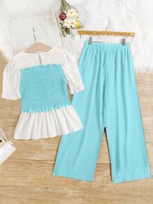 SHEIN 女孩打褶泡泡袖假兩件上衣和闊腿褲 - 薄荷藍 - 查看 2