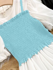 SHEIN 女孩打褶泡泡袖假兩件上衣和闊腿褲 - 薄荷藍 - 查看 5