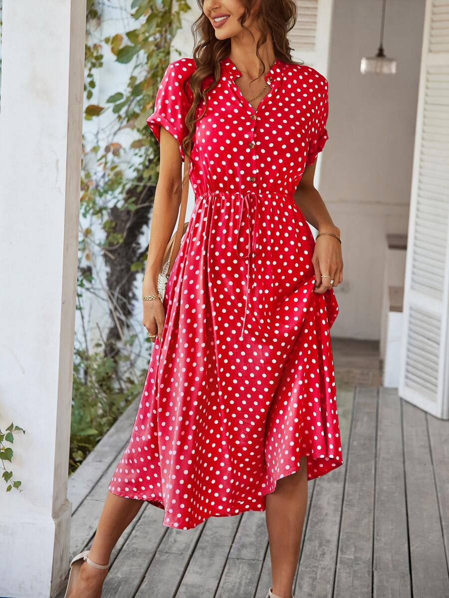 SHEIN Holidaya Polka Dot Print Drawstring Waist Button Front Dress