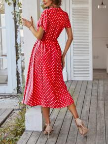 SHEIN Holidaya Polka Dot Print Drawstring Waist Button Front Dress