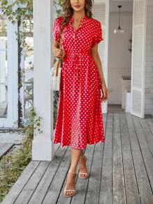SHEIN Holidaya Polka Dot Print Drawstring Waist Button Front Dress