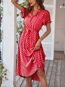 SHEIN Holidaya Polka Dot Print Drawstring Waist Button Front Dress