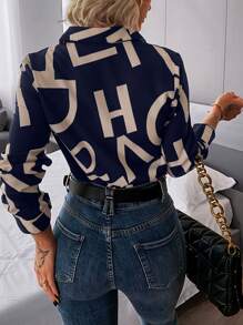 Chiquease Letter Graphic Button Front Shirt - Navy Blue - View 2