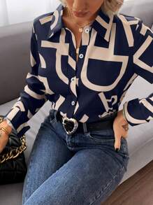 Chiquease Letter Graphic Button Front Shirt - Navy Blue - View 3