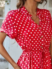 SHEIN Holidaya Polka Dot Print Drawstring Waist Button Front Dress