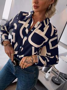 Chiquease Letter Graphic Button Front Shirt - Navy Blue - View 5