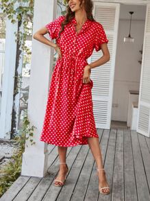 SHEIN Holidaya Polka Dot Print Drawstring Waist Button Front Dress