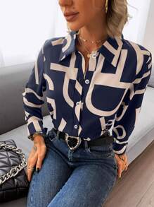 Chiquease Letter Graphic Button Front Shirt - Navy Blue - View 6