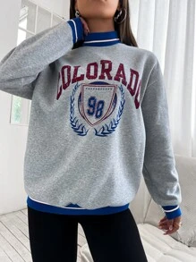 SHEIN Unity Áo nỉ dài tay cổ cao, vai rớt, in chữ, thích hợp mặc mùa thu. - Xám - Xem 4