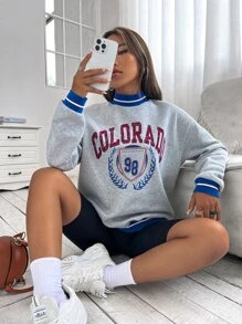 SHEIN Unity Áo nỉ dài tay cổ cao, vai rớt, in chữ, thích hợp mặc mùa thu. - Xám - Xem 5