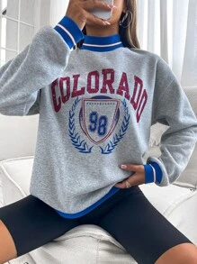 SHEIN Unity Áo nỉ dài tay cổ cao, vai rớt, in chữ, thích hợp mặc mùa thu. - Xám - Xem 6