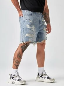 GENTILAND Men Plus Ink Splatter Ripped Raw Hem Denim Shorts - Light Wash - View 1
