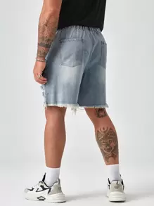 GENTILAND Men Plus Ink Splatter Ripped Raw Hem Denim Shorts - Light Wash - View 2
