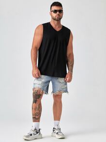 GENTILAND Men Plus Ink Splatter Ripped Raw Hem Denim Shorts - Light Wash - View 3