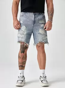 GENTILAND Men Plus Ink Splatter Ripped Raw Hem Denim Shorts - Light Wash - View 4