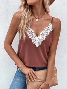 SHEIN Clasi Top de tirantes con encaje en contraste - Color caoba - Ver 1