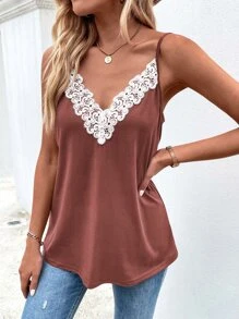 SHEIN Clasi Top de tirantes con encaje en contraste - Color caoba - Ver 5