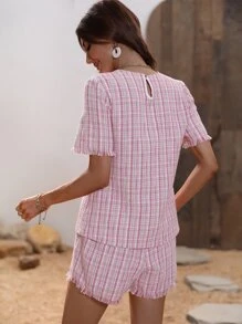 SHEIN Privé 格紋圖案毛邊緣上衣和短褲