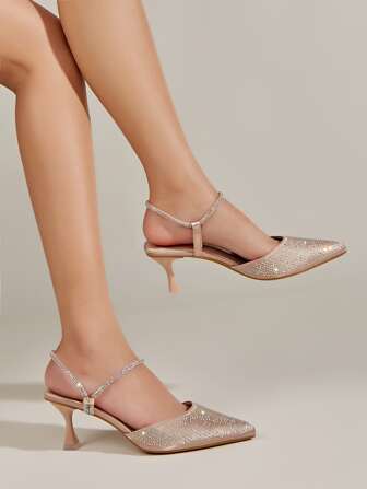 Rhinestone Decor Ankle Strap Pumps